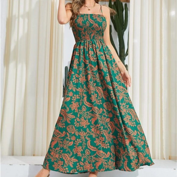 Boho Floral Paisleys Print Smocked Bodice Cami Maxi Dress - Picture 6 of 6